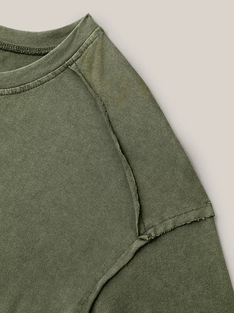 Cotton Vintage Frayed Hem Crew Neck T-Shirt