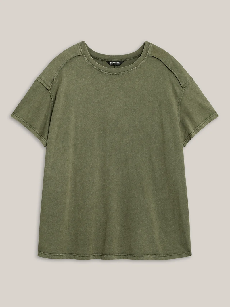Cotton Vintage Frayed Hem Crew Neck T-Shirt