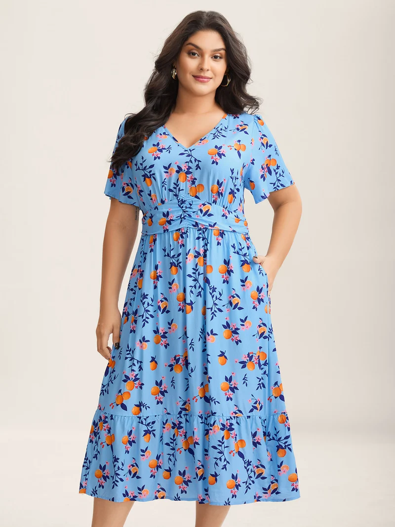Citrus Print Cinched-Waist Midi Dress