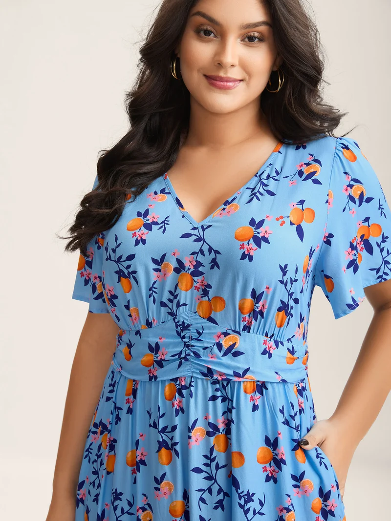 Citrus Print Cinched-Waist Midi Dress