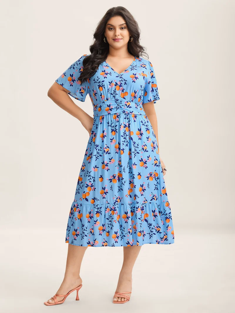 Citrus Print Cinched-Waist Midi Dress