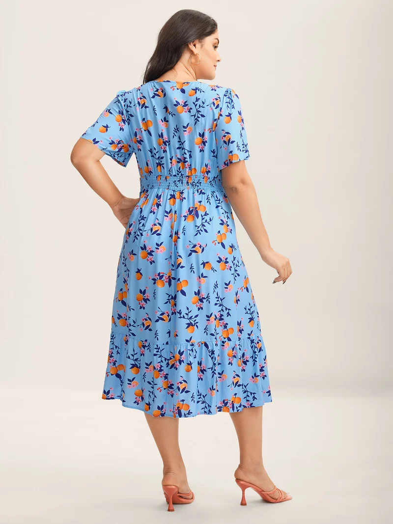 Citrus Print Cinched-Waist Midi Dress