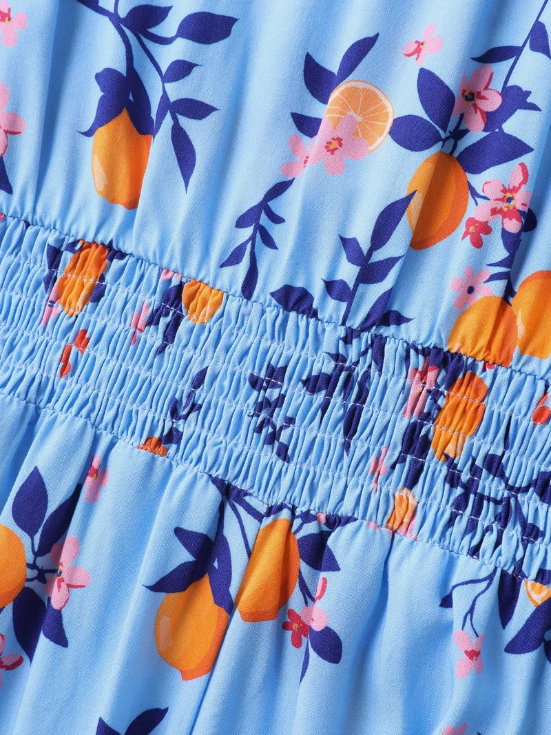 Citrus Print Cinched-Waist Midi Dress