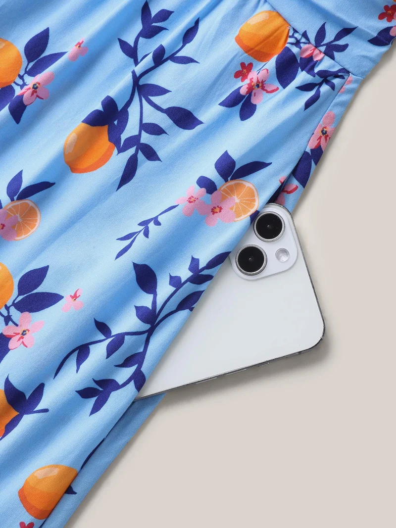 Citrus Print Cinched-Waist Midi Dress