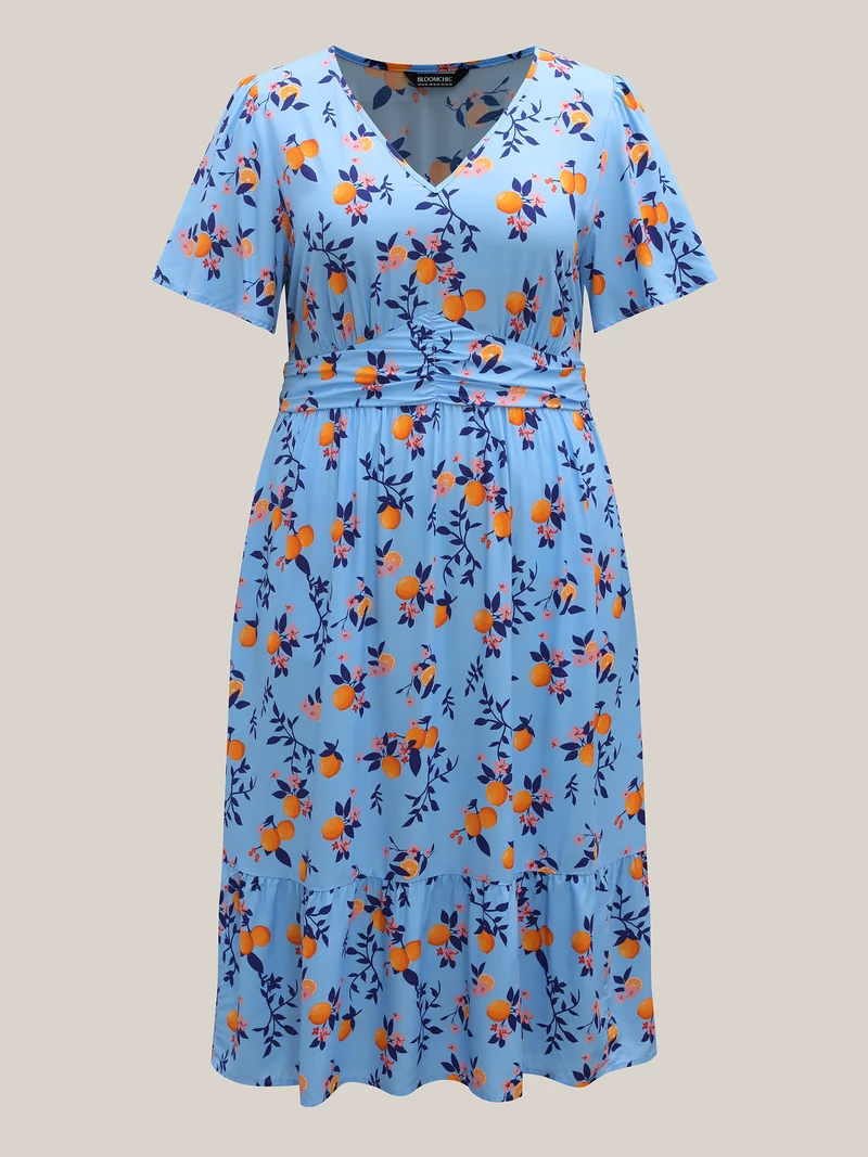Citrus Print Cinched-Waist Midi Dress