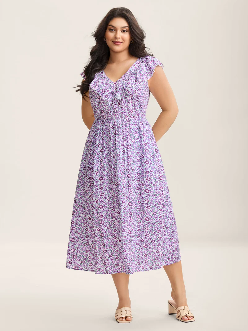 Soft Floral Print Pockets Ruffled Midi Dress