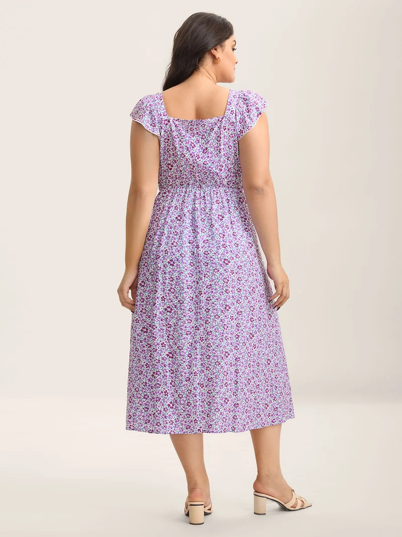Soft Floral Print Pockets Ruffled Midi Dress