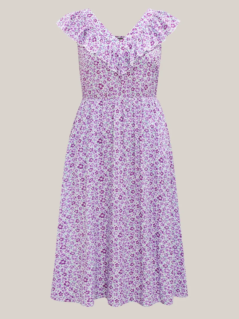 Soft Floral Print Pockets Ruffled Midi Dress