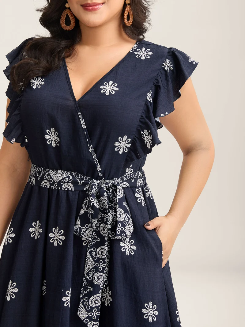 Rayon Stretchy Waist Pockets Flutter Midi Dress