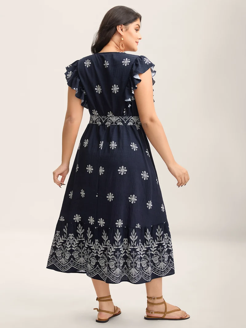 Rayon Stretchy Waist Pockets Flutter Midi Dress