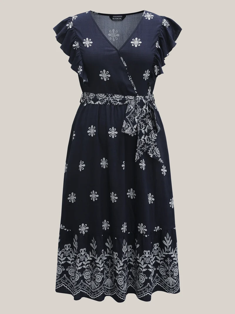 Rayon Stretchy Waist Pockets Flutter Midi Dress