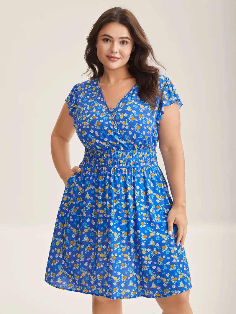 Fruity Floral Stretchy Waist Midi Dress