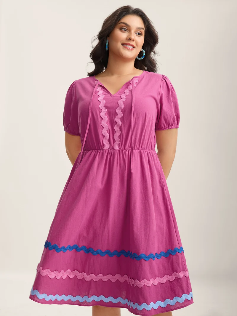 Pure Cotton Stretchy Waist Ribbon Midi Dress