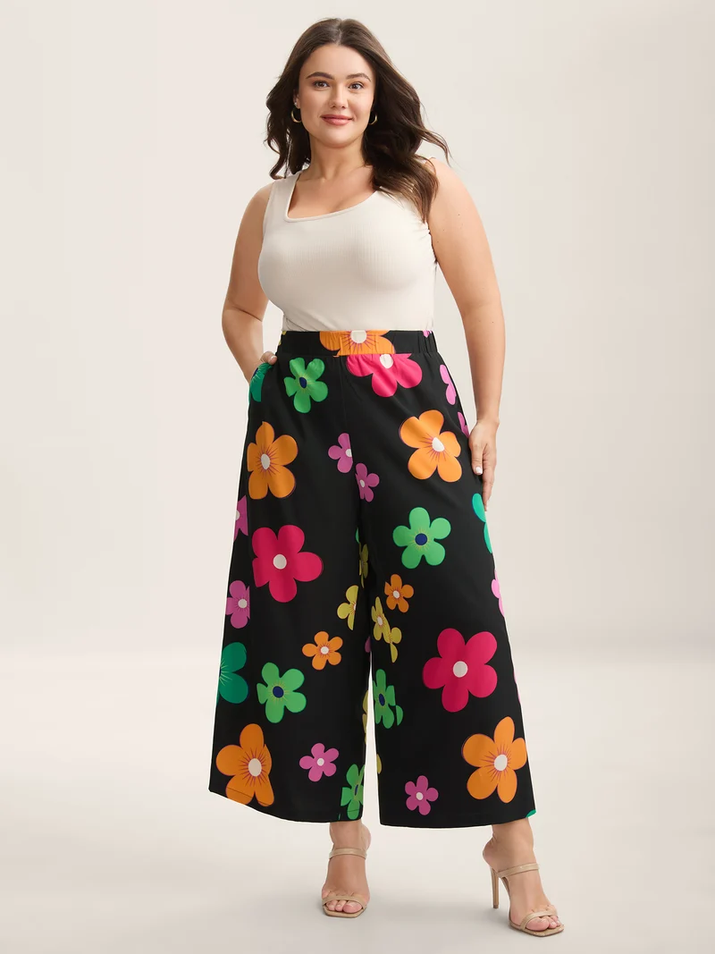 Colorful Large Floral Print Wide-Leg Pants