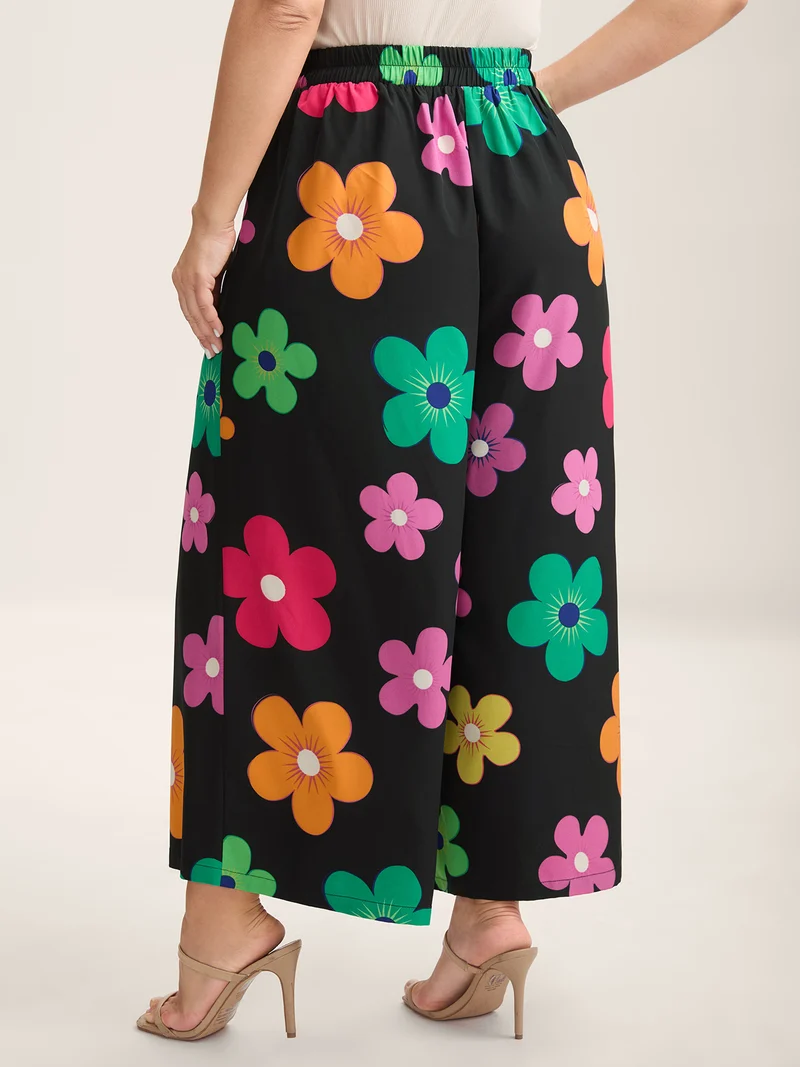 Colorful Large Floral Print Wide-Leg Pants