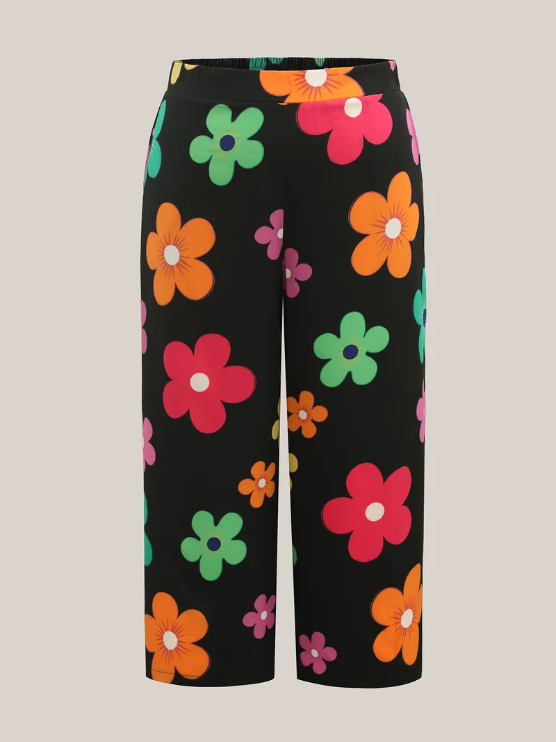Colorful Large Floral Print Wide-Leg Pants