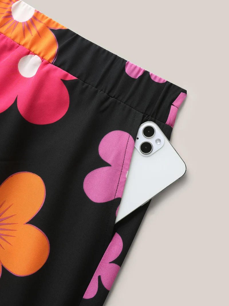 Colorful Large Floral Print Wide-Leg Pants
