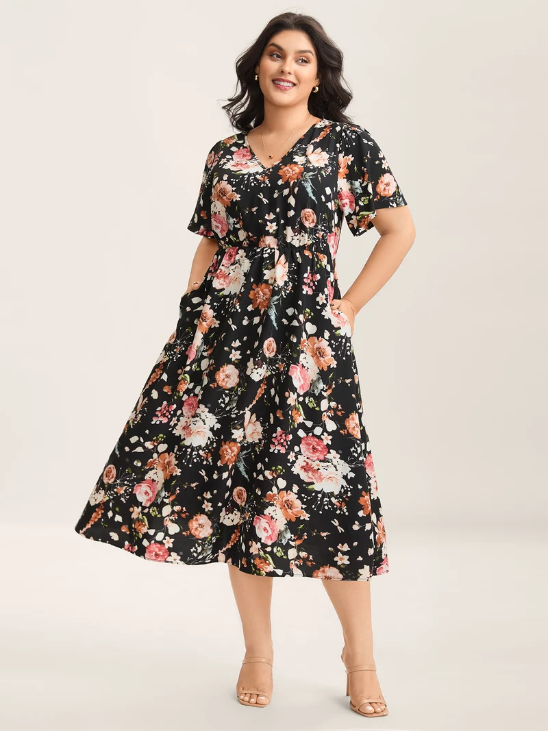 Midnight Florals Cinched-Waist Pockets Midi Dress