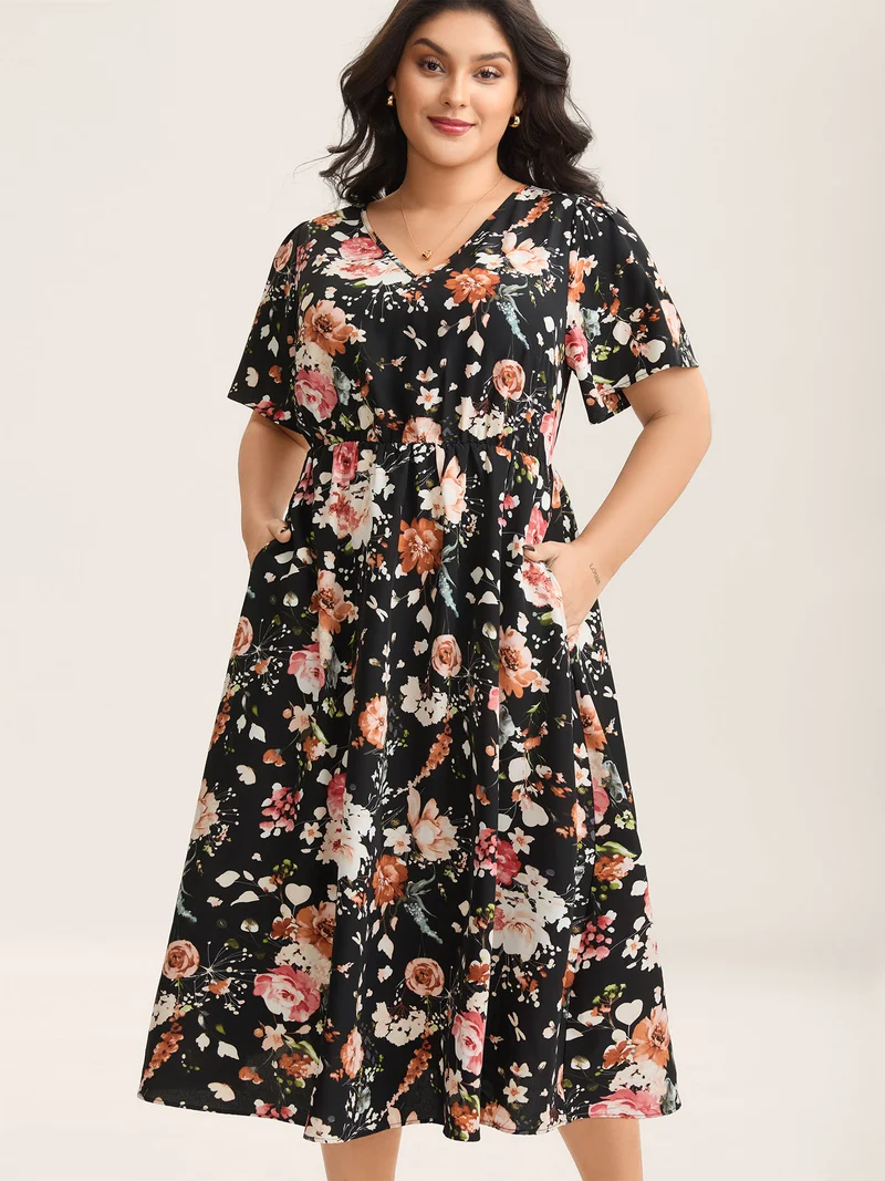 Midnight Florals Cinched-Waist Pockets Midi Dress
