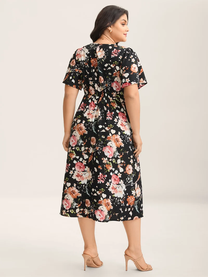 Midnight Florals Cinched-Waist Pockets Midi Dress