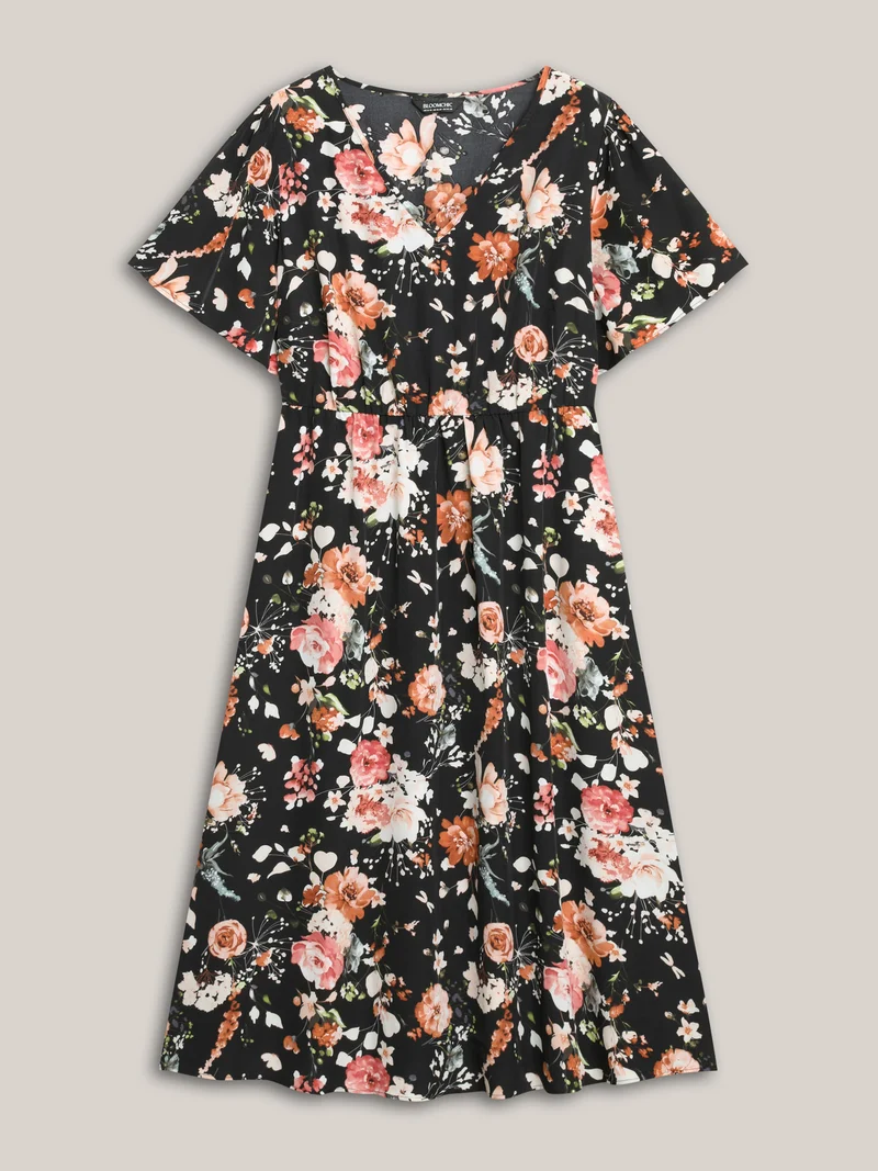 Midnight Florals Cinched-Waist Pockets Midi Dress