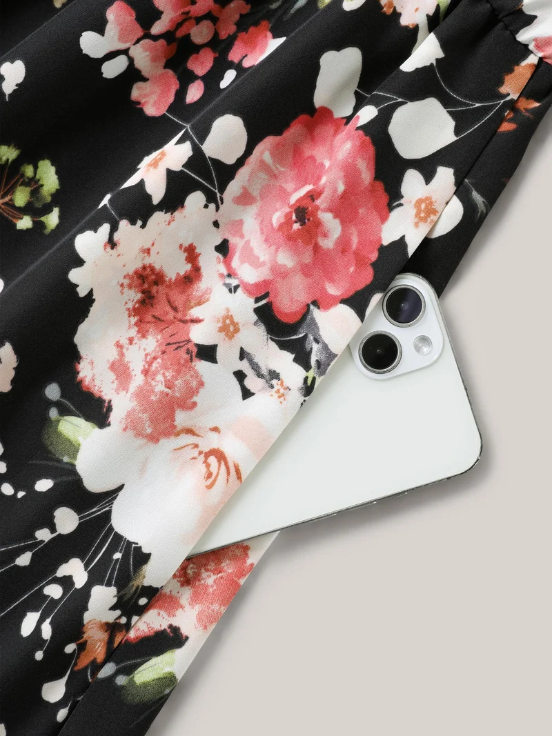 Midnight Florals Cinched-Waist Pockets Midi Dress