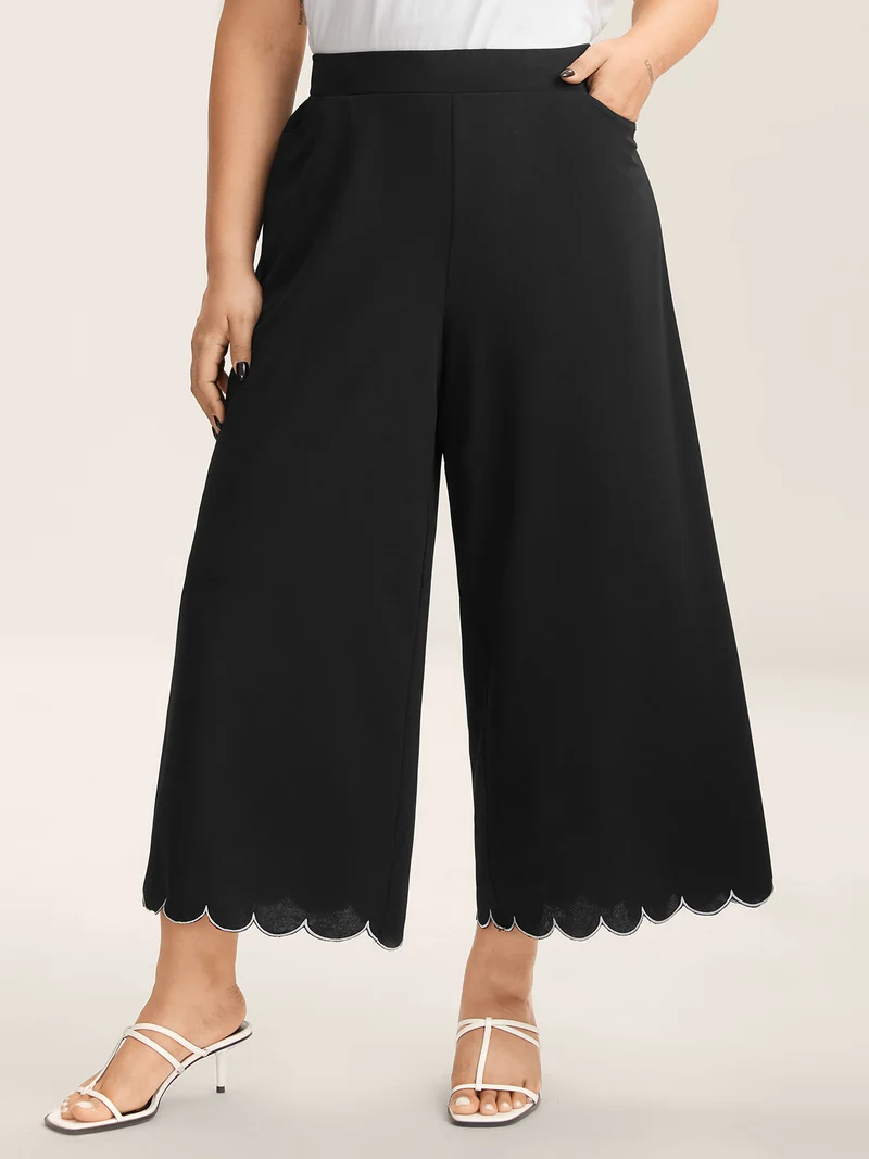 Scalloped Hem Pull-On Wide-Leg Pants