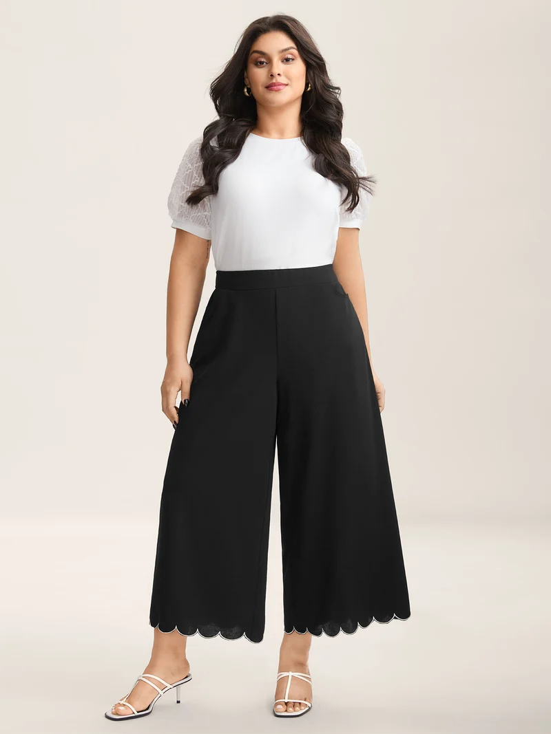 Scalloped Hem Pull-On Wide-Leg Pants