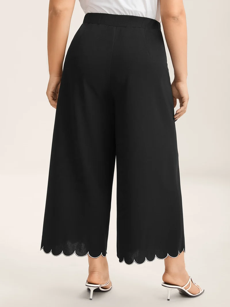 Scalloped Hem Pull-On Wide-Leg Pants