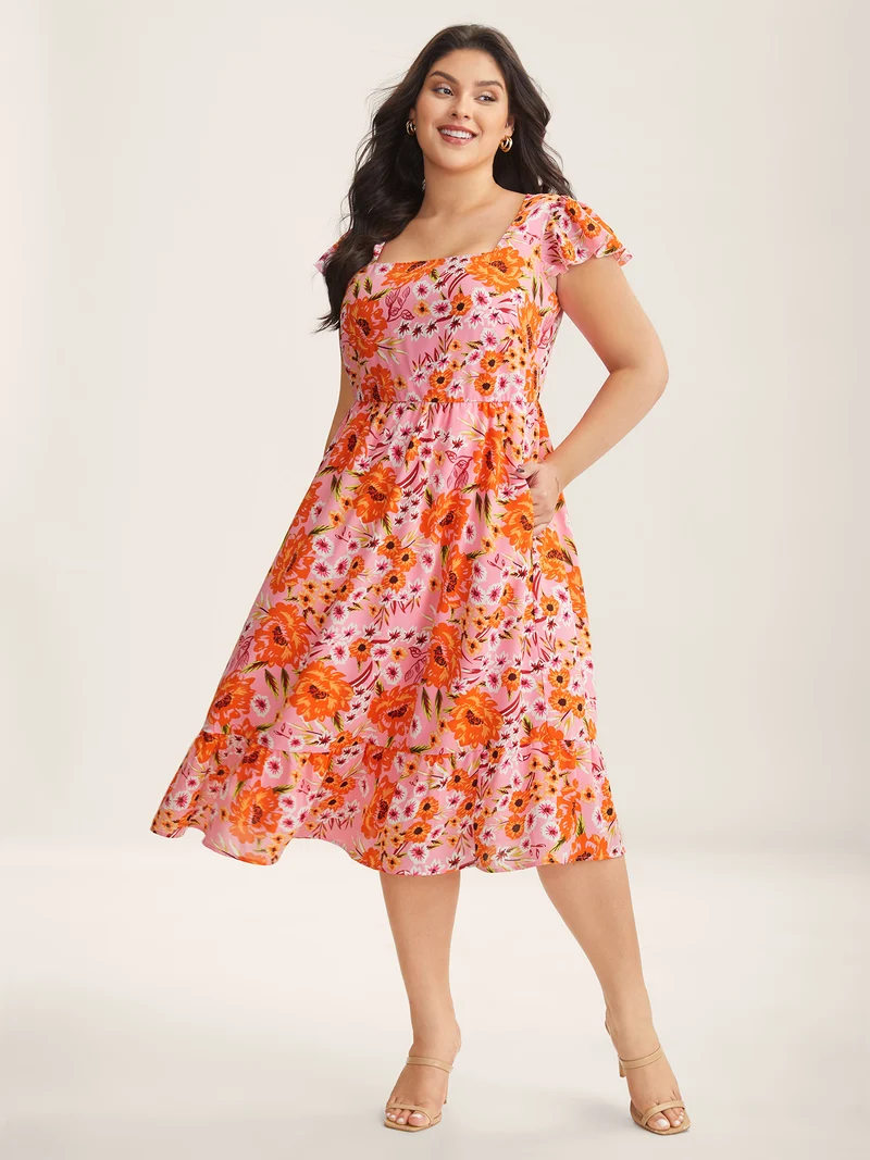 Floral Print Flutter Sleeve Tiered Midi Dress