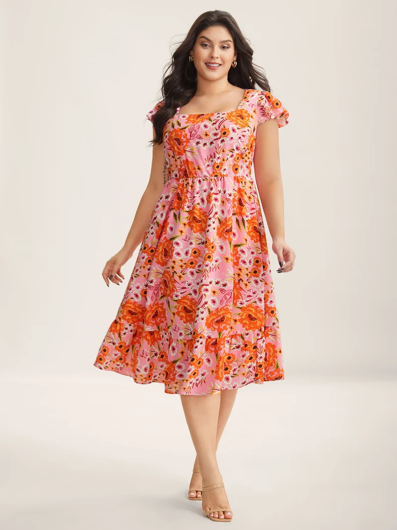 Floral Print Flutter Sleeve Tiered Midi Dress