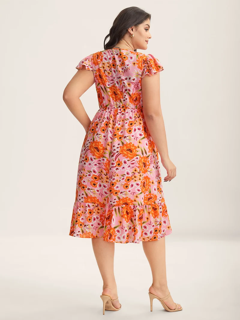 Floral Print Flutter Sleeve Tiered Midi Dress