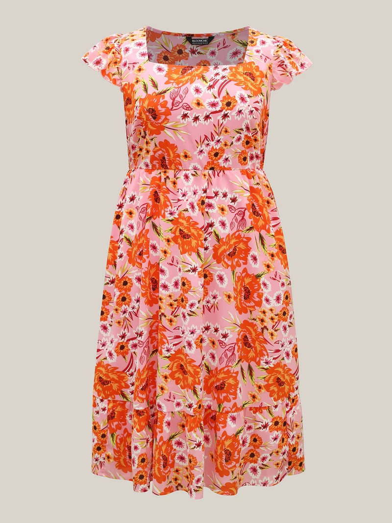 Floral Print Flutter Sleeve Tiered Midi Dress