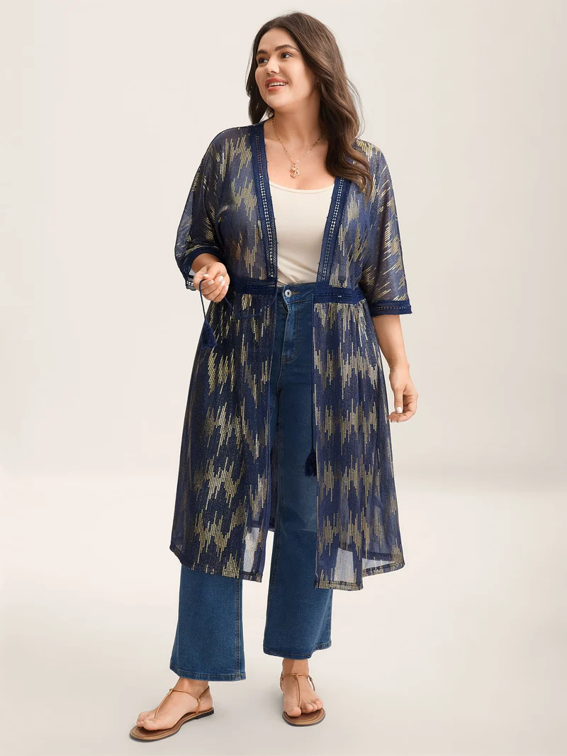 Glitter Tassels Webbed Open Front Kimono