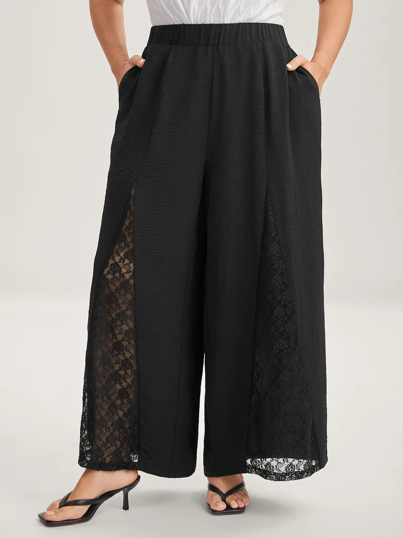 Lace Trim Sheer Wide-Leg Pants