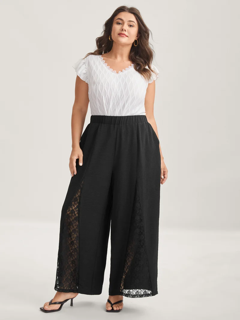 Lace Trim Sheer Wide-Leg Pants