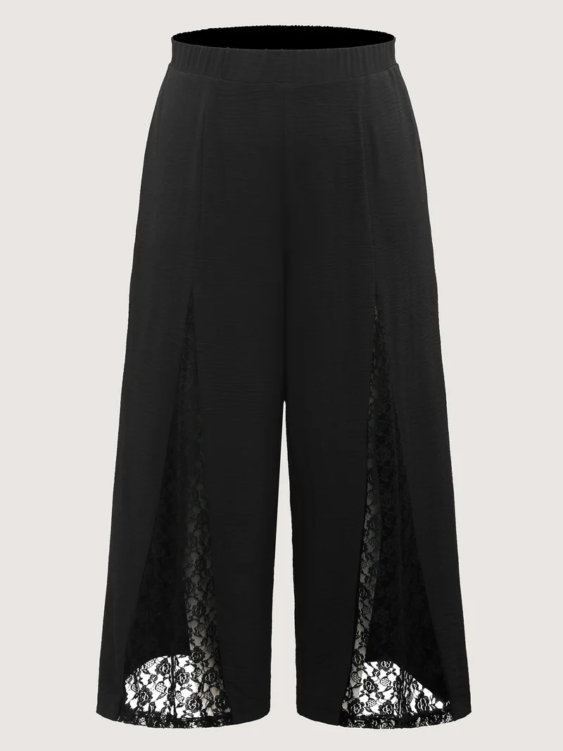 Lace Trim Sheer Wide-Leg Pants