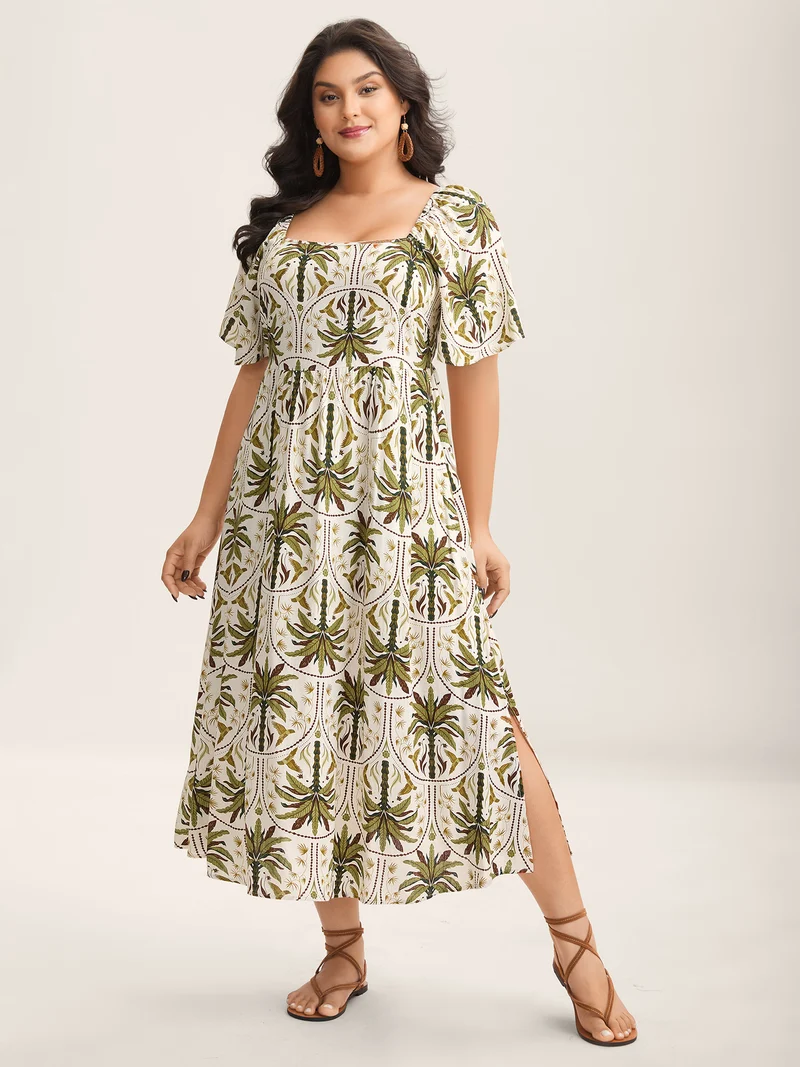 Tropical Print A-Line Slit Midi Dress