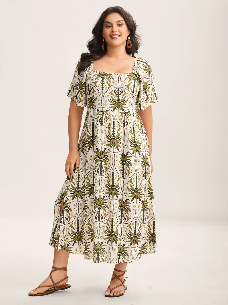 Tropical Print A-Line Slit Midi Dress