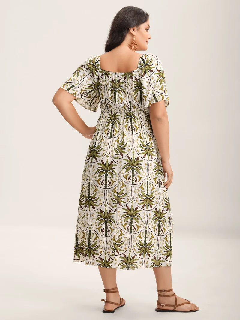 Tropical Print A-Line Slit Midi Dress