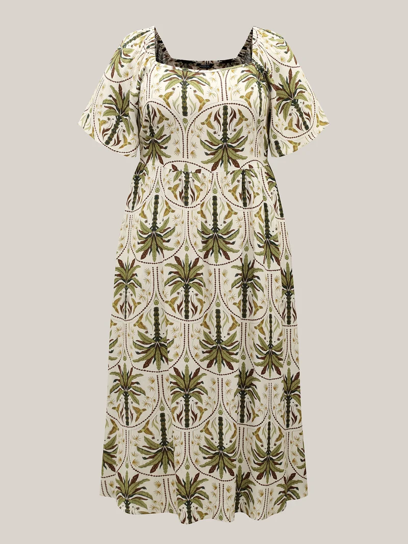 Tropical Print A-Line Slit Midi Dress