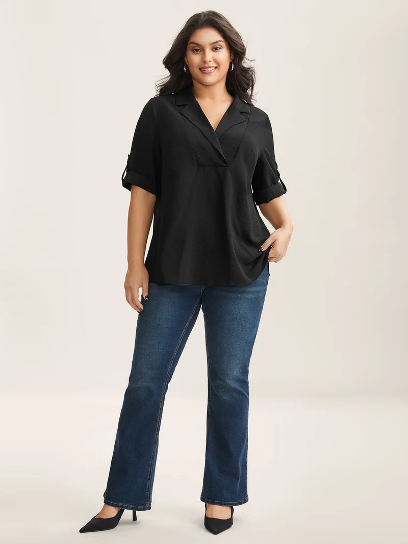 Tab Sleeve Blazer Collar Blouse
