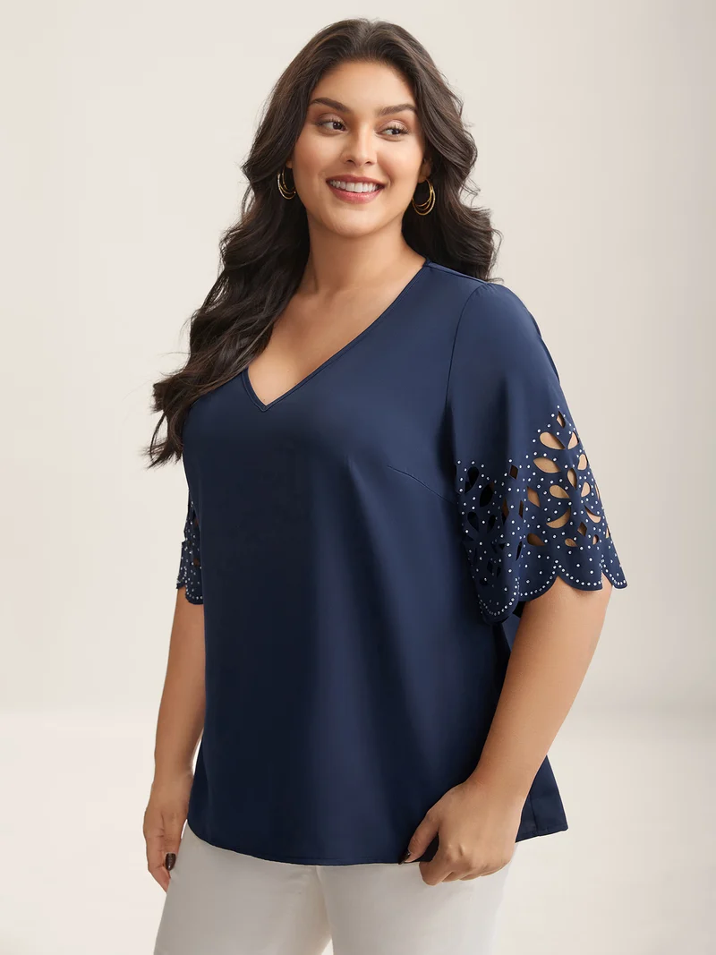 Floral Cut-Out Sequin Solid Blouse
