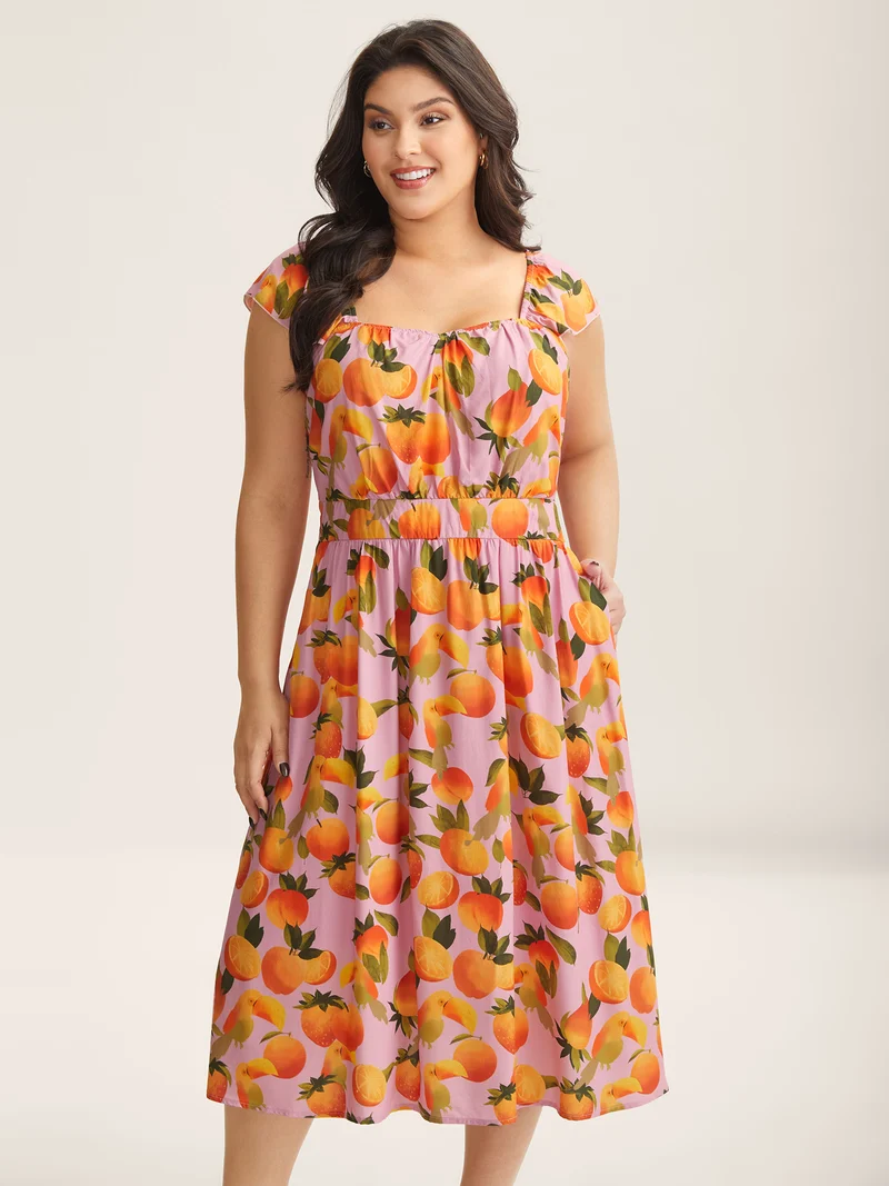 Citrus Print Pleated Sweetheart Midi Dress