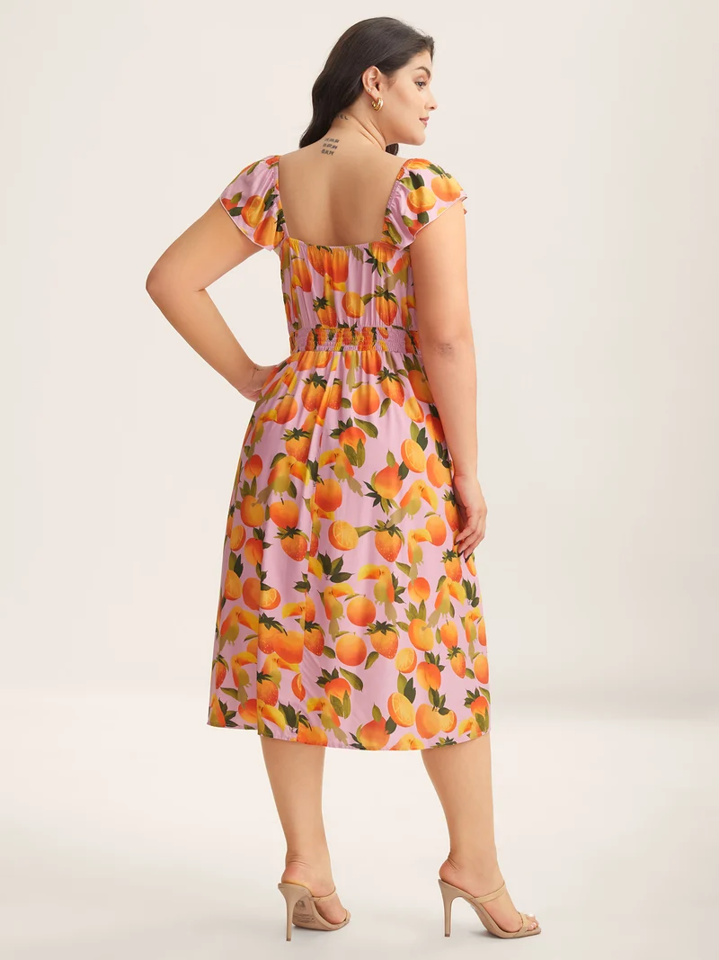 Citrus Print Pleated Sweetheart Midi Dress