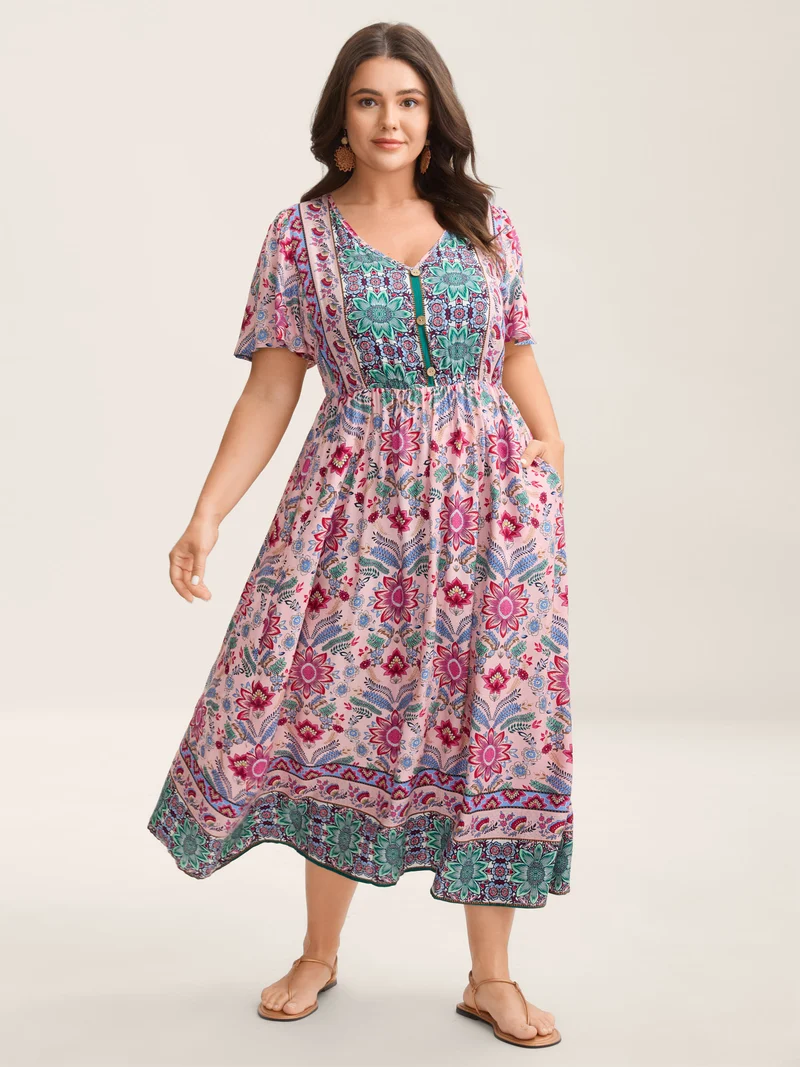 Rayon Floral Print A-Line Buttons Midi Dress