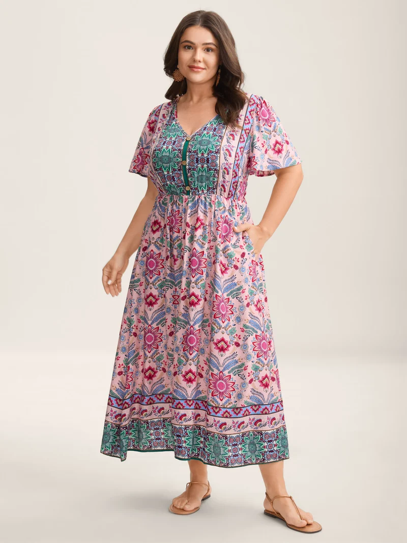 Rayon Floral Print A-Line Buttons Midi Dress