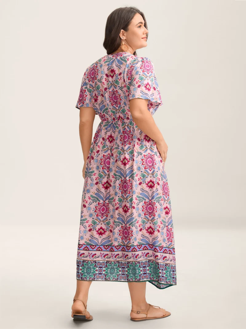 Rayon Floral Print A-Line Buttons Midi Dress