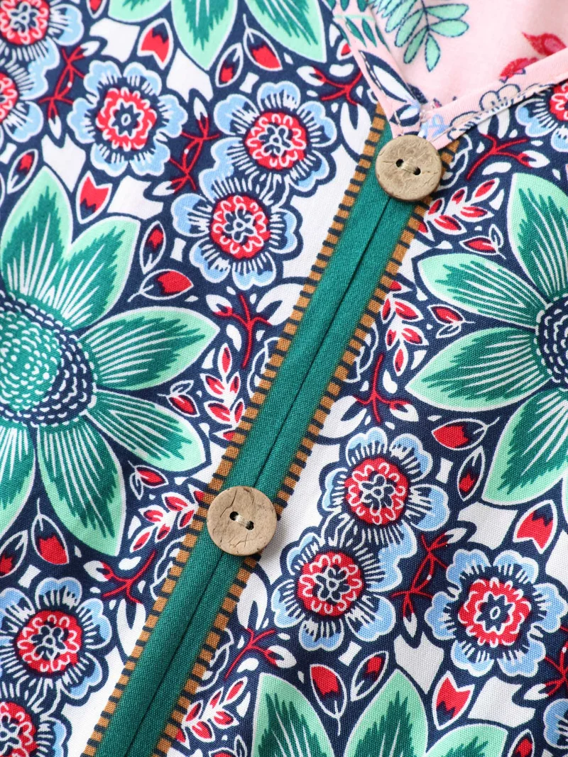 Rayon Floral Print A-Line Buttons Midi Dress