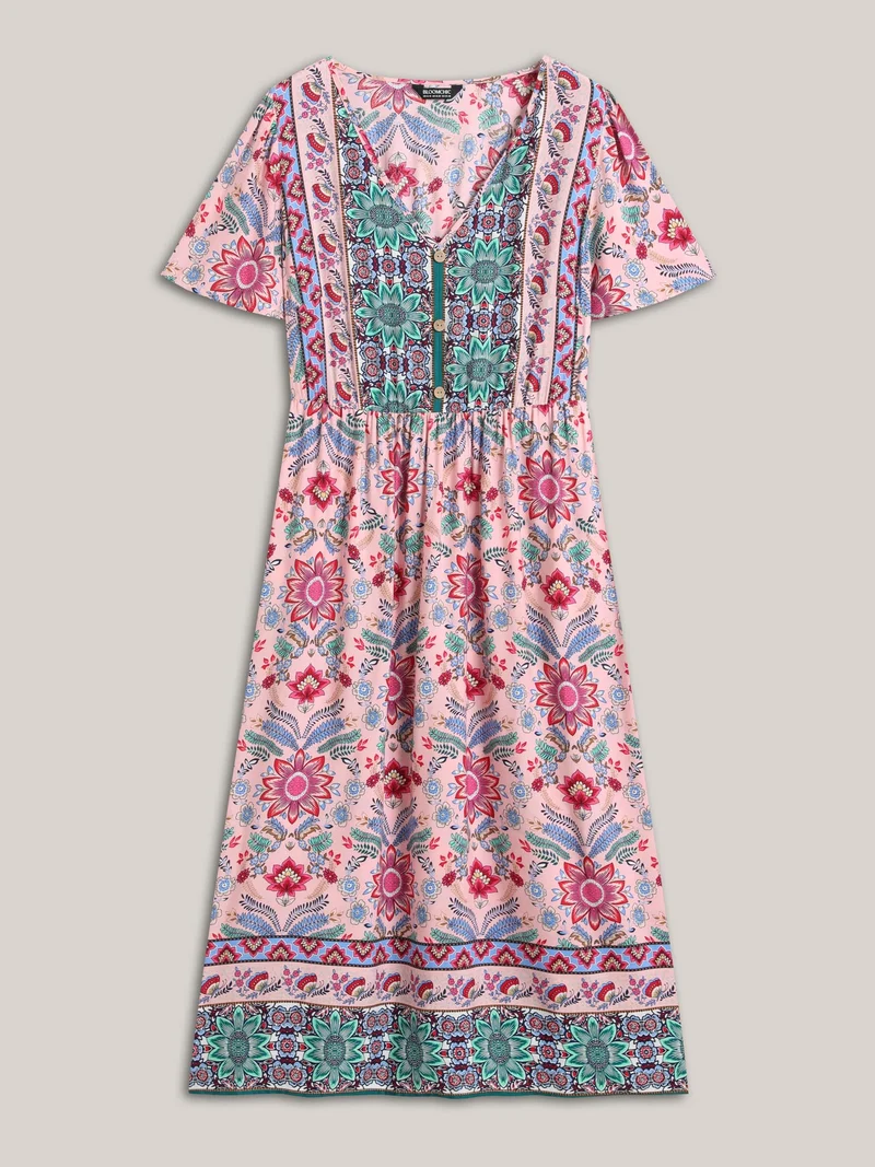 Rayon Floral Print A-Line Buttons Midi Dress